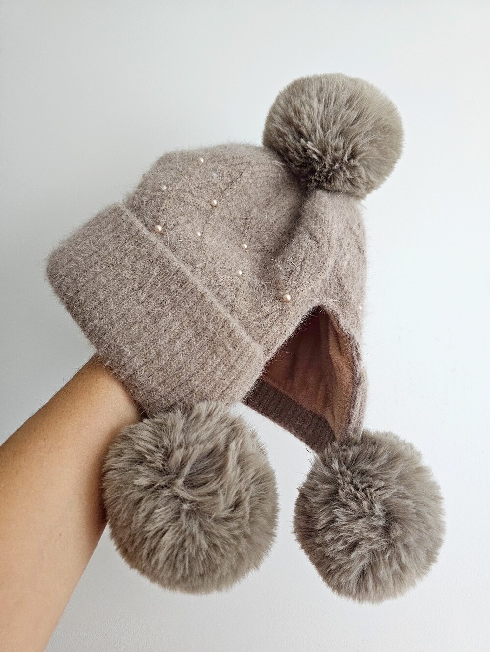 Pearl Embellished Light Khaki Knit Earflap Hat Faux Fur Pom Pom Lined